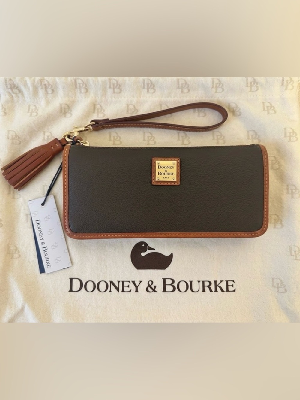 Dooney & Bourke Brown Leather Kirby Tatum Wristlet with Light Brown Trim